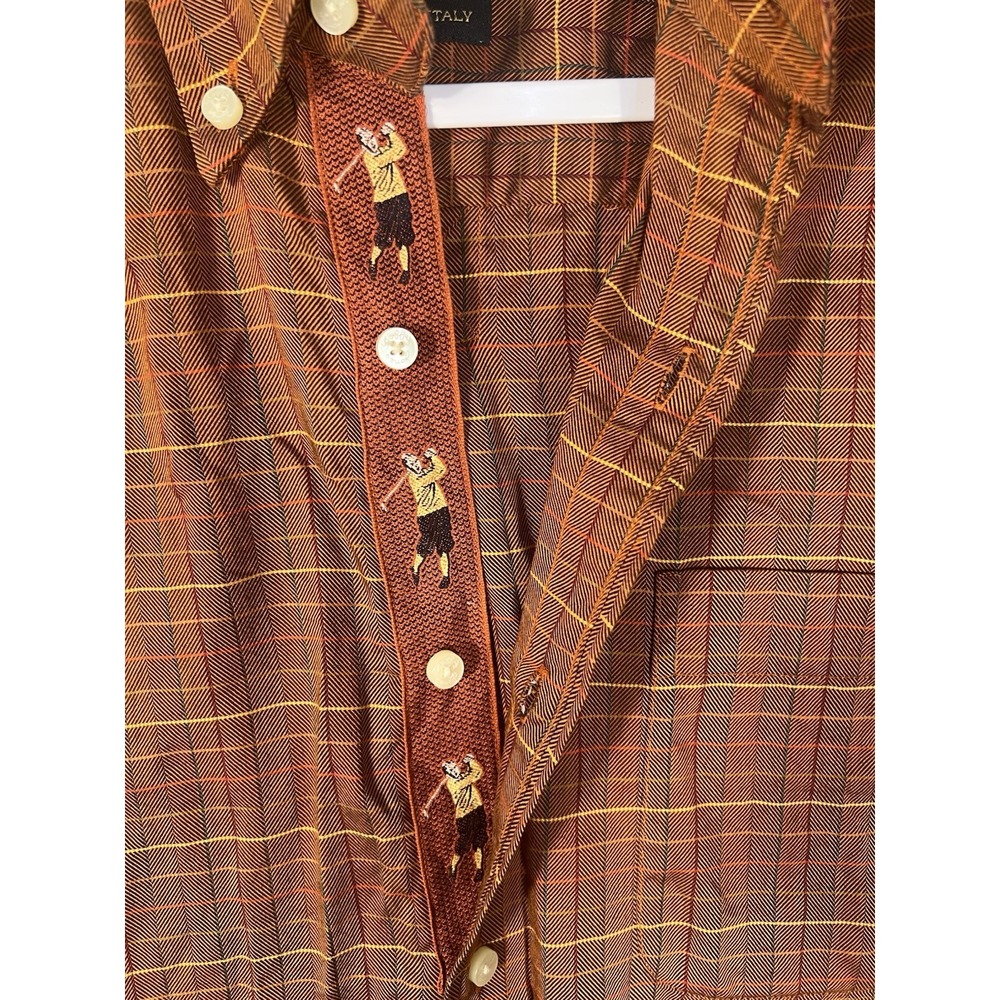 Bobby Jones Collection Mens Small Orange Brown Check Woven in Italy Golf Shirt - Picture 8 of 9